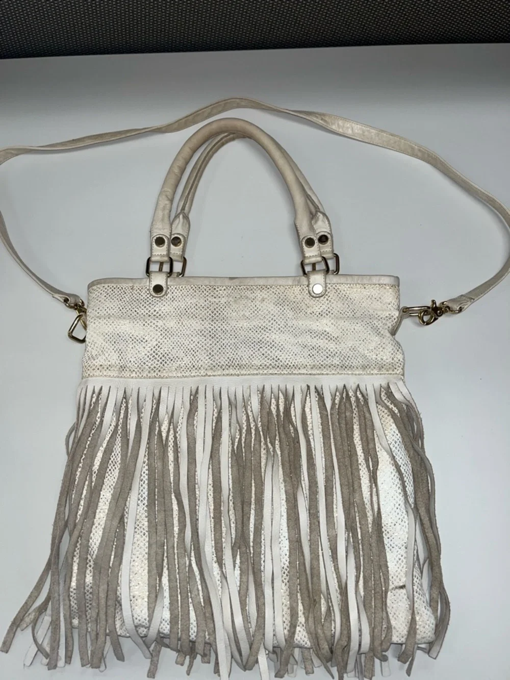 B-Low the Belt White & Gold Fringe Leather & Canvas Shoulder Bag
